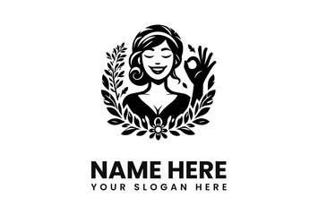 Smiling Woman with Wreath and OK Gesture in Black and White Logo.
