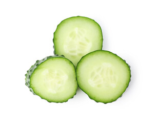 Slices of fresh cucumber isolated on white, top view