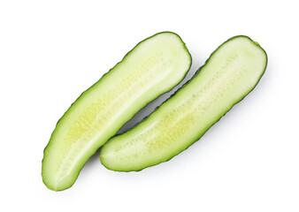 Halves of fresh cucumber isolated on white, top view