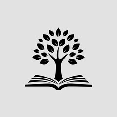 A tree of knowledge grows from the pages of an open book, representing education and wisdom