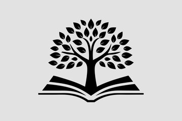 A tree with leaves emerges from an open book, symbolizing the blossoming of knowledge and understanding