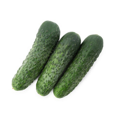 Three fresh green cucumbers isolated on white, top view