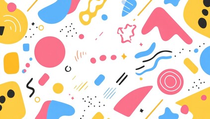 Abstract shapes and lines in a variety of colors against a white background