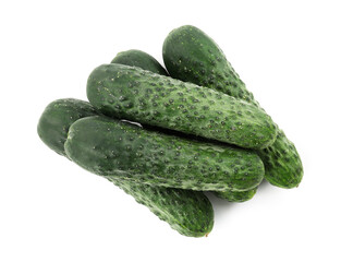 Many fresh green cucumbers isolated on white, top view