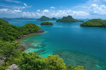 Vibrant turquoise waters surround lush green islands under a bright blue sky with fluffy clouds