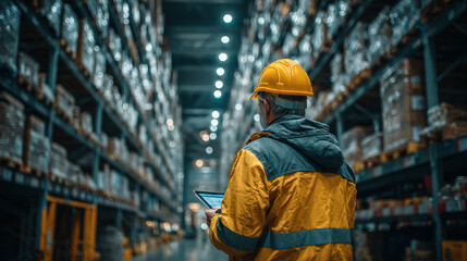 A warehouse worker uses a tablet to inspect inventory inside of a storage facility.