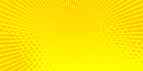 Latar belakang komik kuning dengan sinar matahari dan titik halftone.modern