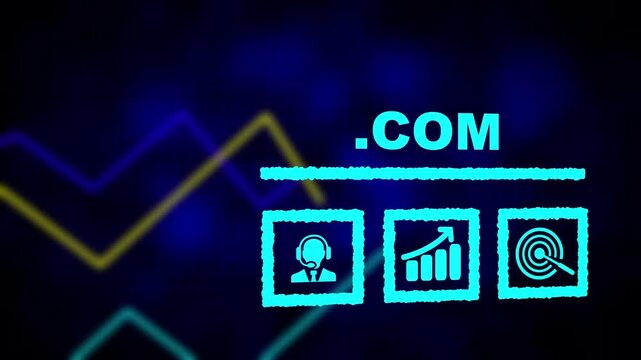 Dot Com business concept on a flashing computer monitor with moving graphs and data. Growing market trend concept. a digital candlestick financial market chart bars. Trading and investment