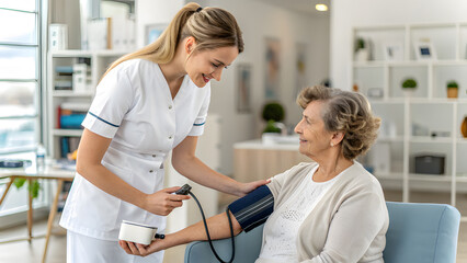 Obraz premium Nurse checks elderly woman's blood pressure cuff monitor