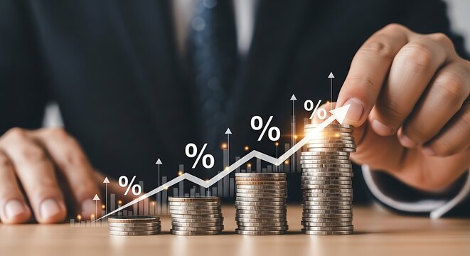 A businessman is stacking coins to represent financial growth and investment - Powered by Adobe