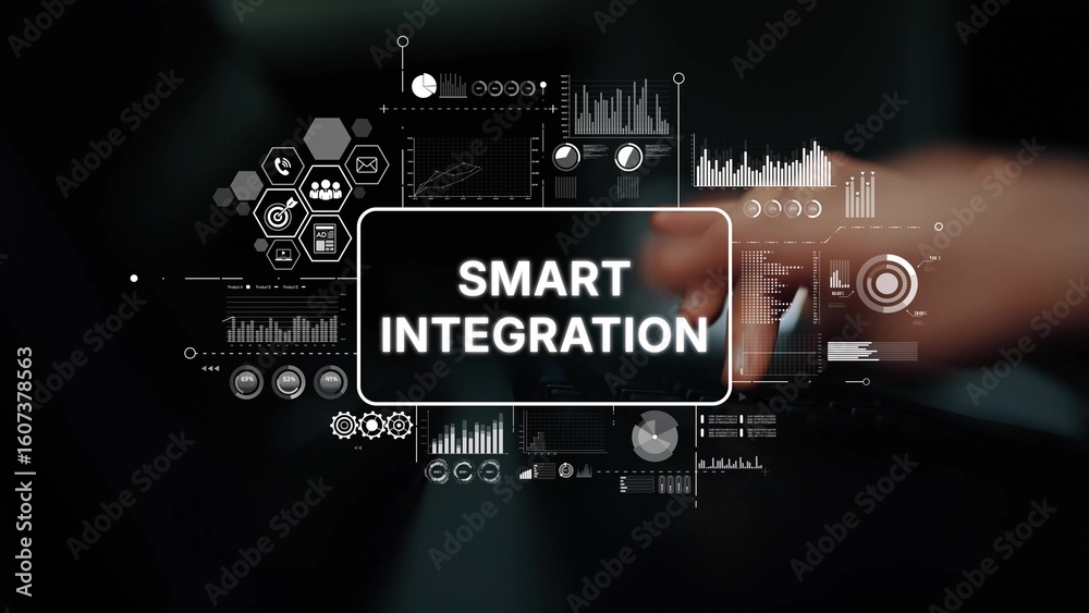 Poster futuristic digital interface showcasing smart integration with data visualizations and minimalist de
