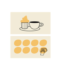 Design template of coffee shop loyalty card. Discount coupon for collection stamps. Loyalty card for cafeteria or cafe