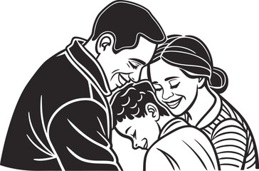 Obraz premium Silhouette of a happy family hugging—father, mother, and child with smiling faces. Vector black icon isolated on transparent background. Symbol of love, unity, and warmth.