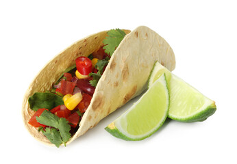 Tasty vegetarian tacos with beans, vegetables and lime isolated on white