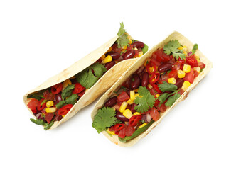 Tasty vegetarian tacos with beans and vegetables isolated on white, top view