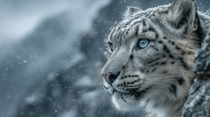 Fototapeta premium Stunning snow leopard portrait with captivating blue eyes amidst a snowy scene.
