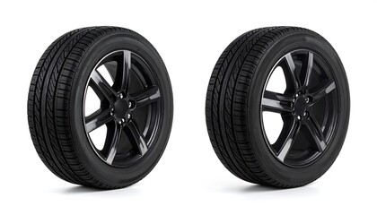 Two black car wheels on a white background