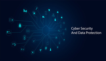 Innovative cyber security graphic showcasing data protection concepts with padlocks, shields, and network symbols.