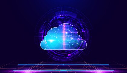 A vibrant digital cloud symbol against a dark background, representing connectivity and data storage in modern technology. concept The process of maintaining, storing, managing, processing, analyzing