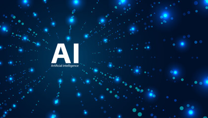 An abstract representation of artificial intelligence with dynamic blue lights radiating, symbolizing innovation and technology.