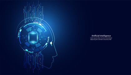 A futuristic representation of artificial intelligence featuring a digital brain with circuits against a deep blue background.Mimic human thinking, connect with various systems,the brain of the future