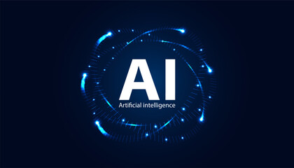 A captivating visual representation of artificial intelligence, featuring dynamic blue lights forming an abstract pattern around the letters 'AI'.
