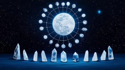A mystical arrangement of crystals surrounding a full moon, symbolizing energy and harmony in the universe.