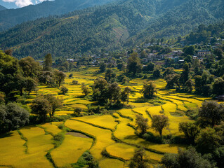 
Breathtaking golden rice terraces nestled in a lush mountain valley with scattered houses and vibrant green trees under a bright sky