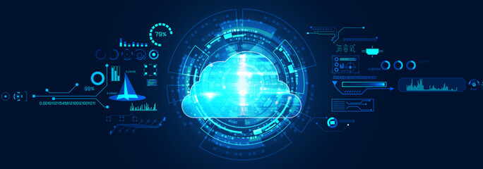 Futuristic digital cloud technology interface with glowing elements, representing data transfer and modern computing solutions in a blue-themed design.
