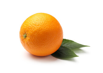 One ripe orange and green leaves isolated on white