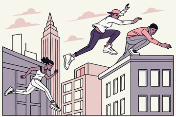 Three people doing parkour on rooftops in a city with buildings and clouds in the background scene