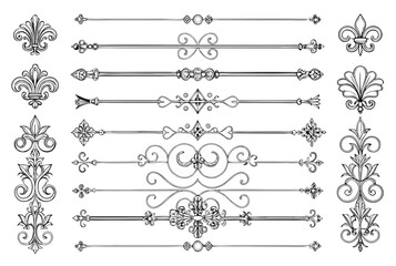 Ornate Vintage Decorative Design Set: Classic Fleur-de-lis, Dividers & Flourishes

