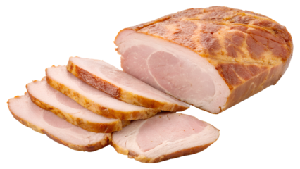 Deliciously sliced roasted pork loin with a golden brown crust isolated on transparent background