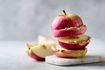 Sliced Apple with Almond Butter Marble Board Against Soft Grey