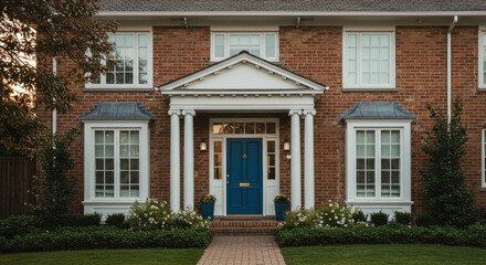 Classic Brick Home Entrance with Blue Door.