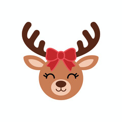 Cute cartoon reindeer face with red bow, smiling Christmas deer illustration, festive holiday animal icon for greeting cards, kids, and winter designs..
