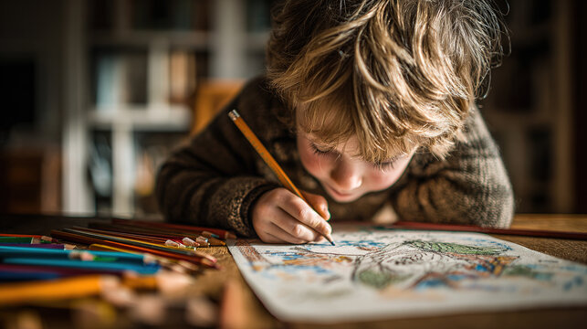 A young boy focuses intently on his drawing with pencils and paper.