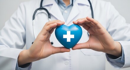 A doctor holds a blue heart with a white cross, symbolizing healthcare