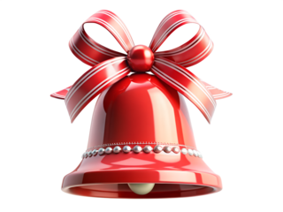 A shiny red christmas bell with a red and white striped bow isolated on transparent background
