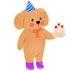 Watercolor party birthday dog and cake illustration.