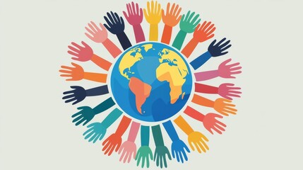 A vibrant illustration of diverse hands surrounding the globe, symbolizing unity and global collaboration.