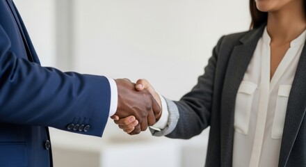 Diverse business handshake: African American man and woman in professional attire