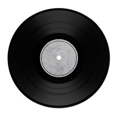 Vintage black vinyl record with white label isolated on transparent background
