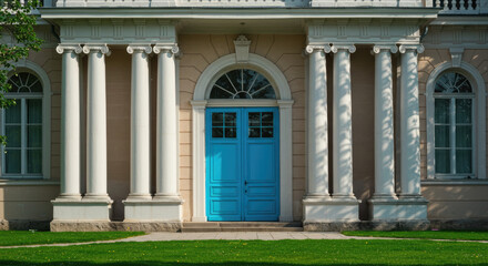 Classic Building Entrance with Blue Door and Columns.