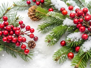 A christmas scene with snow covered fir branches, red berries, and pine cones