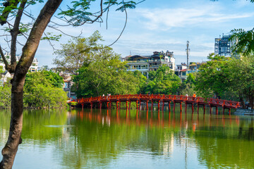 The Huc Bridge in Hoan Kiem Lake, a lake in the historical center of Hanoi, the capital city of Vietnam
