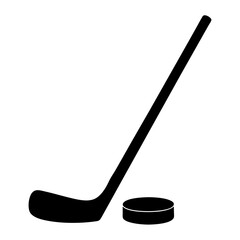 A simple black silhouette illustration of a hockey stick and puck