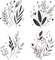 Botanical Leaves and Flowers Vector Set | Hand-Drawn Floral Foliage, Elegant Plant Illustrations for Design