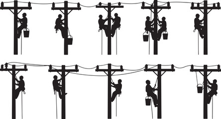 Silhouettes of linemen working on utility poles with buckets, lineman, utility pole, silhouette, worker, electrician, power line, climbing, working, maintenance, repair, electricity, high voltage, saf