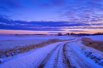 Winter road at dawn.  A winding dirt road cuts through a snow-covered field.  Soft hues of violet and pink paint the sky.  Frozen, frosted landscape